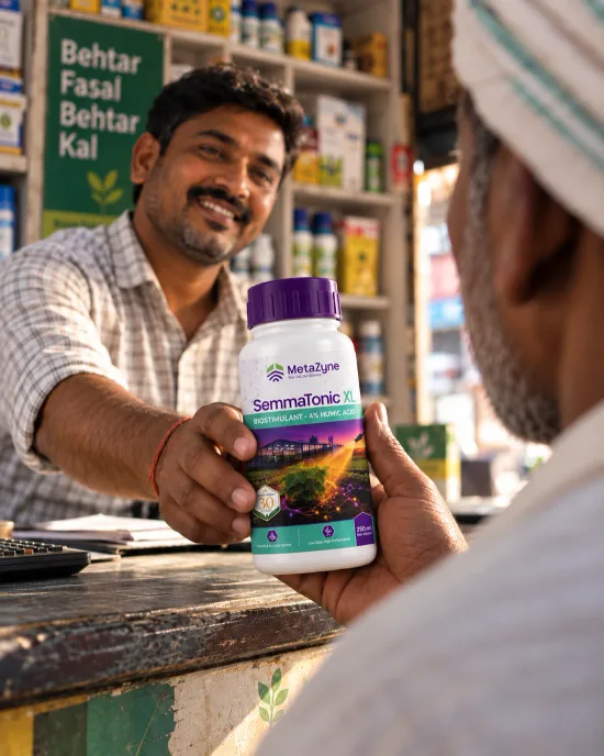 A shopkeeper handing a bottle of SemmaTonic XL across the counter to a farmer