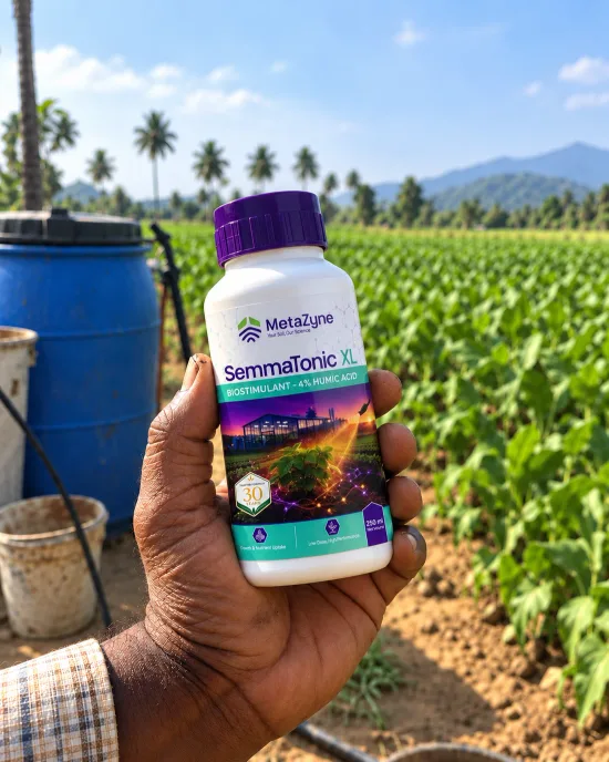 Farmer holding a SemmaTonic XL bottle in front of a coconut-palm-lined field with a blue drum and drip line