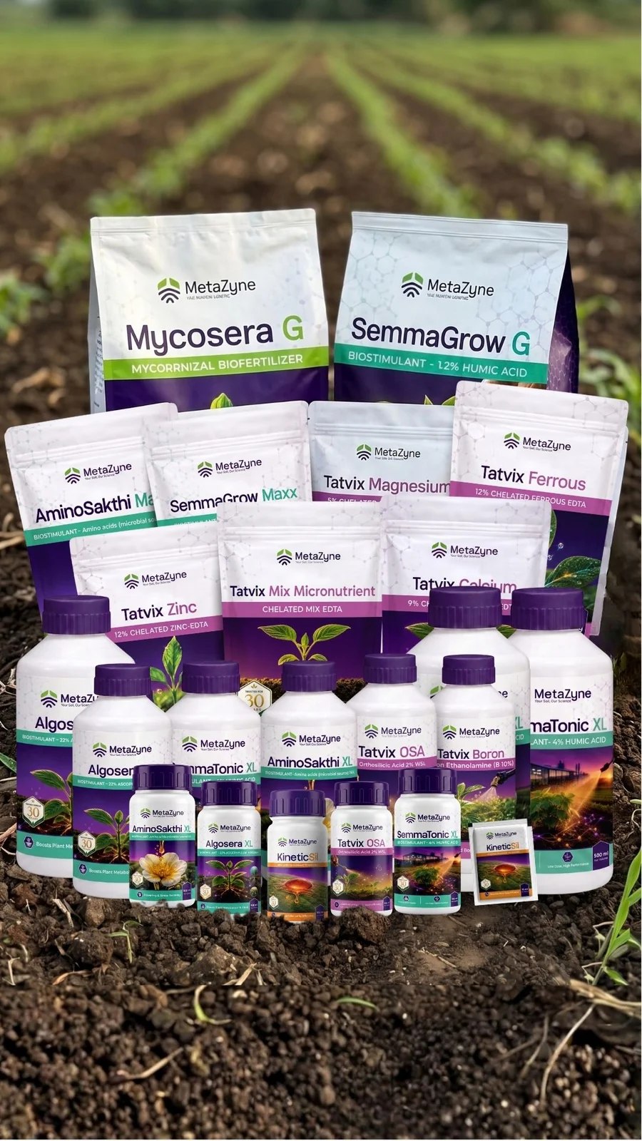 MetaZyne product lineup staged in a farm field