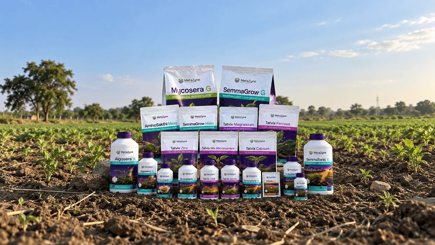 MetaZyne product lineup staged in a farm field