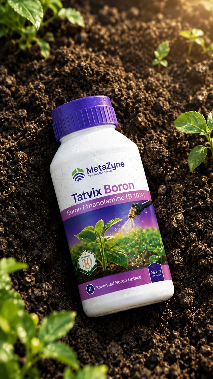Tatvix Boron bottle lying on dark soil, label showing a foliar spray nozzle over a seedling