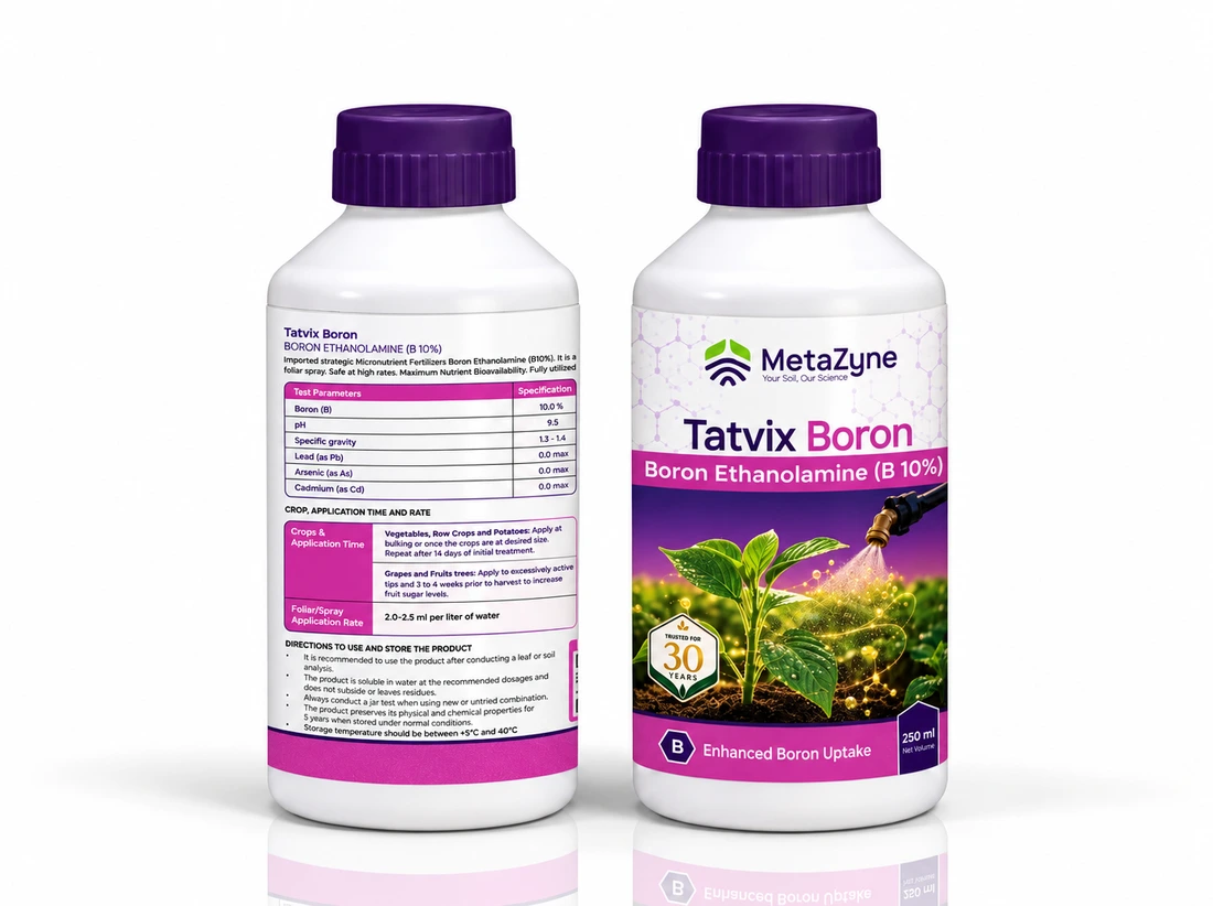 Tatvix Boron 250 ml bottle, back and front label side by side on white