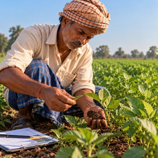 Farmer examining soil in cupped hands beside young crop plants, checklist on a clipboard nearby