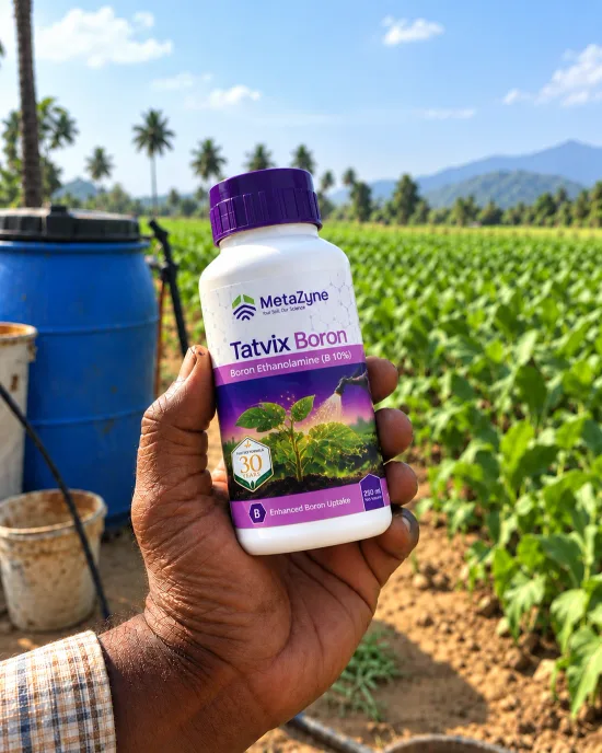 Farmer holding a Tatvix Boron bottle in front of a coconut-palm-lined field with a blue drum