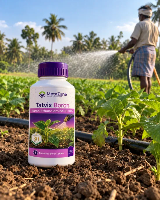 Tatvix Boron bottle in a field row while a farmer sprinkler-waters in the background