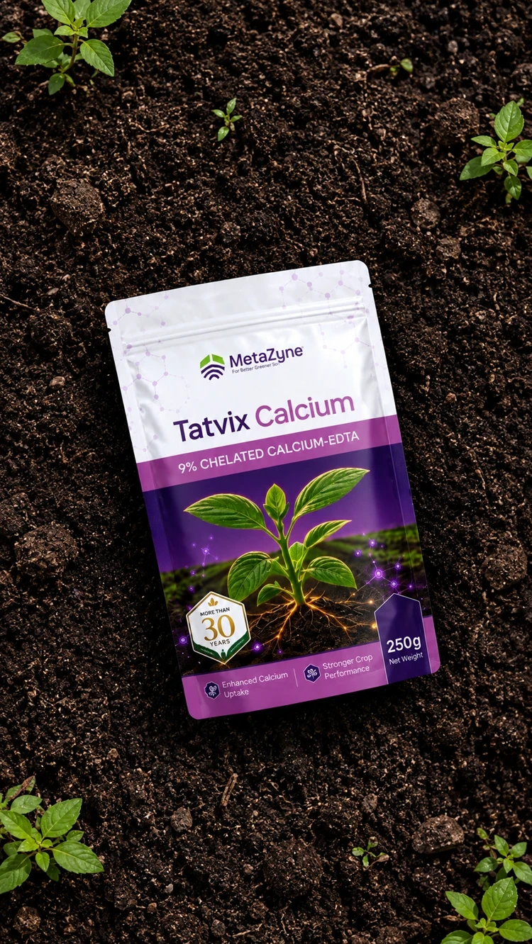 Tatvix Calcium pack standing in a mound of dark soil at the edge of a field at sunrise