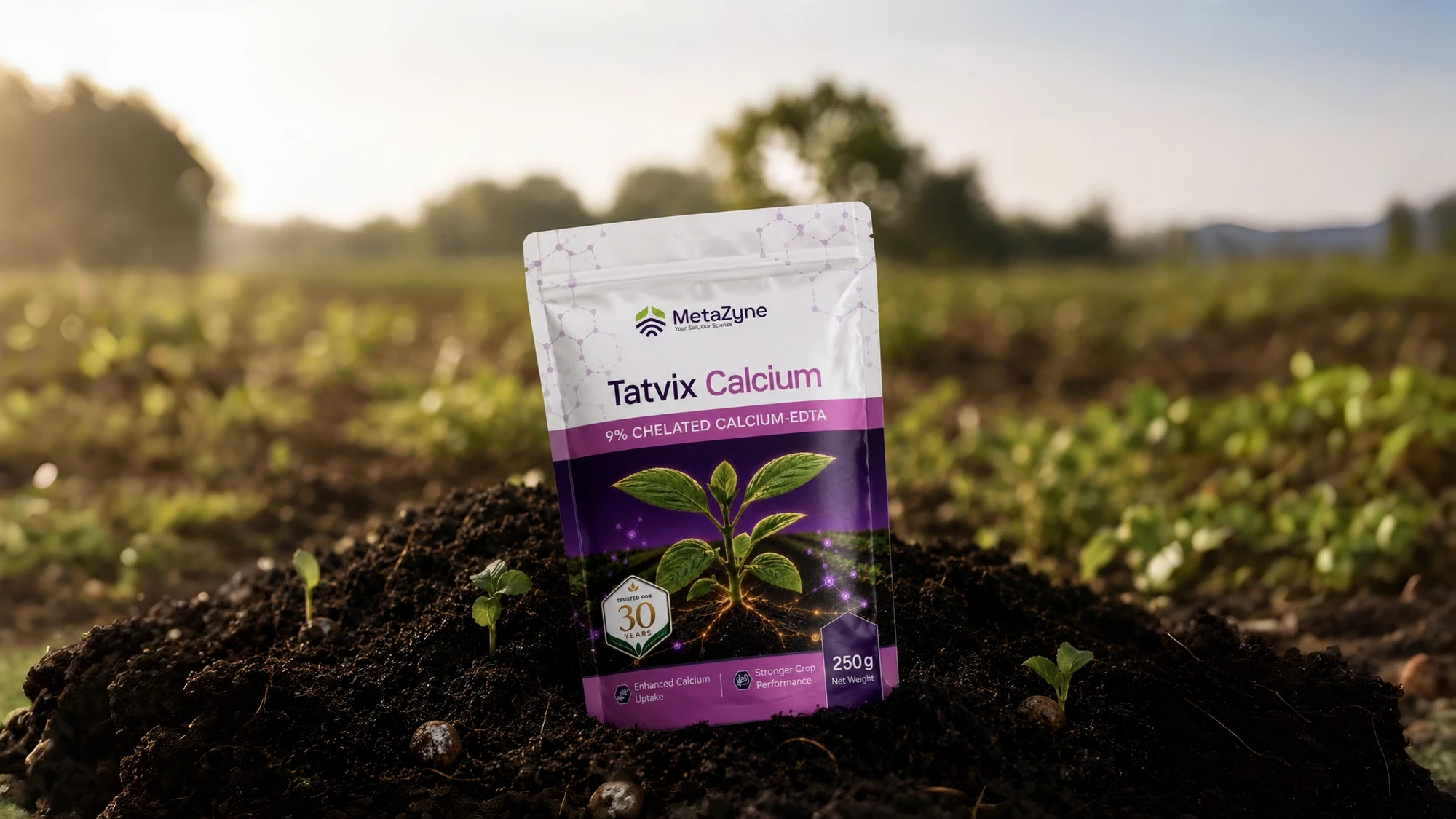 Tatvix Calcium pack standing in a mound of dark soil at the edge of a field at sunrise
