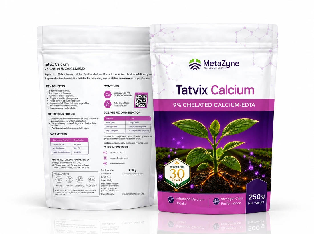 Tatvix Calcium 250 g pack, back and front label side by side on white