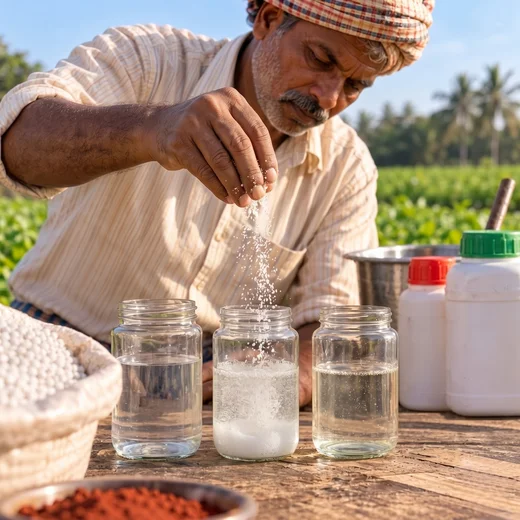 Farmer pouring Tatvix Calcium into glass jars of water on a table to prepare test mixes
