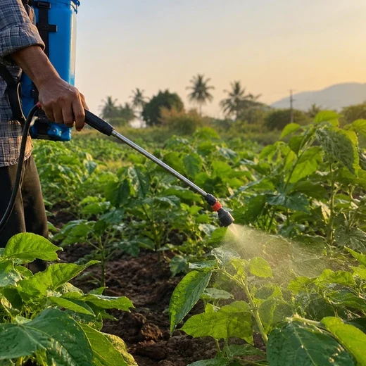 Farmer backpack-spraying a row of leafy crop plants