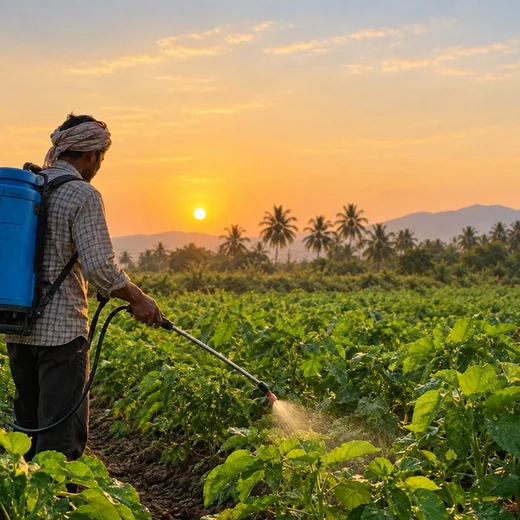 Farmer backpack-spraying a field at sunset