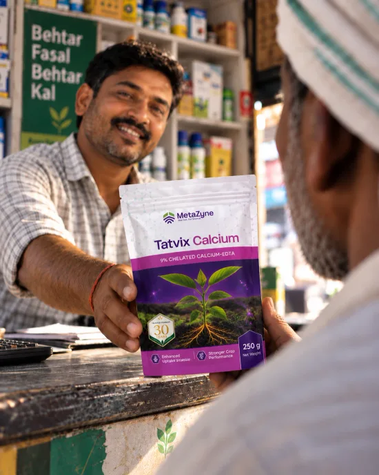 A shopkeeper handing a bag of Tatvix Calcium across the counter to a farmer