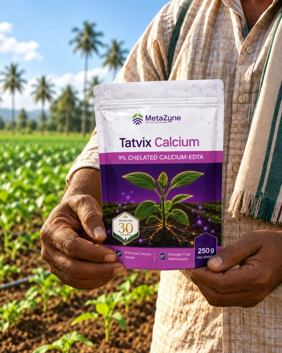 Farmer holding a Tatvix Calcium pack in front of a coconut-palm-lined field