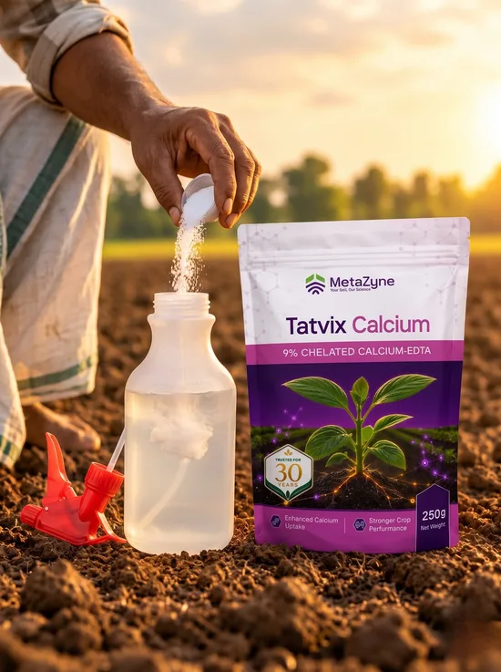 Farmer broadcasting seed by hand beside a Tatvix Calcium pack in a tilled field at sunrise