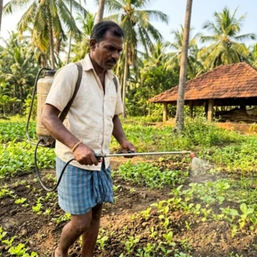 Spraying foliage beside the pack in a coconut-grove field