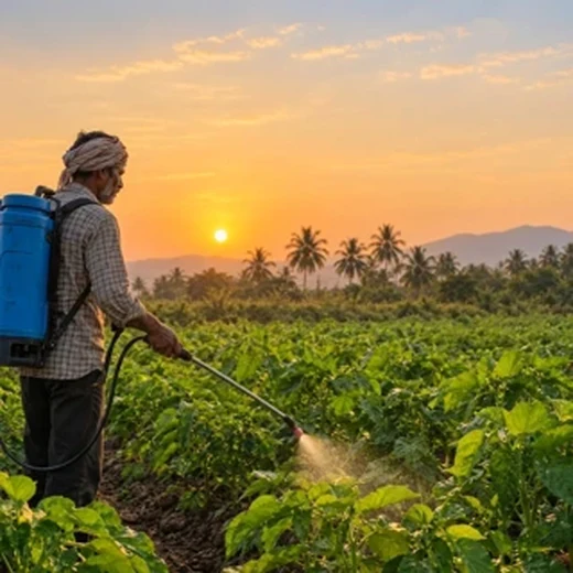 Farmer applying the solution during early morning light