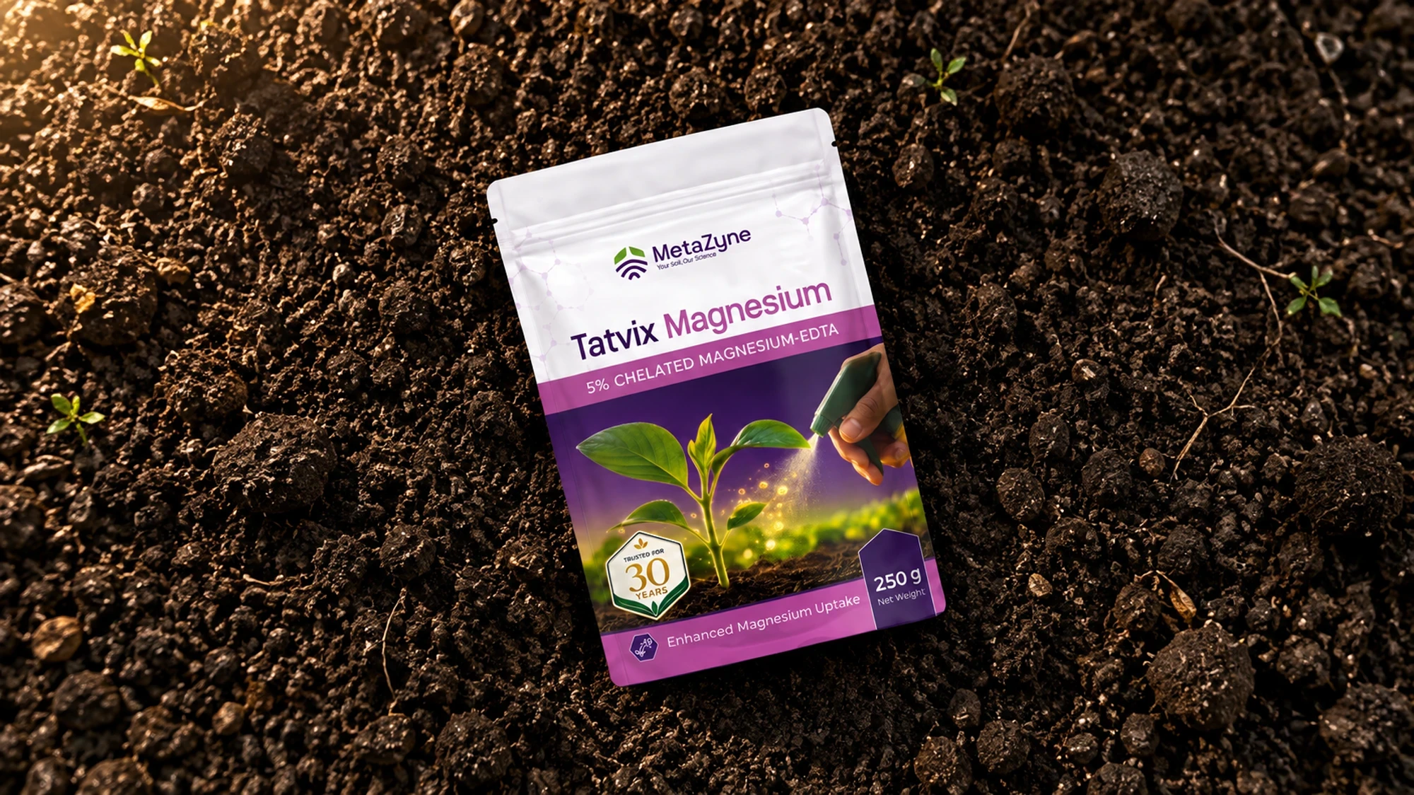Tatvix Magnesium pack lying on bare soil beside a seedling