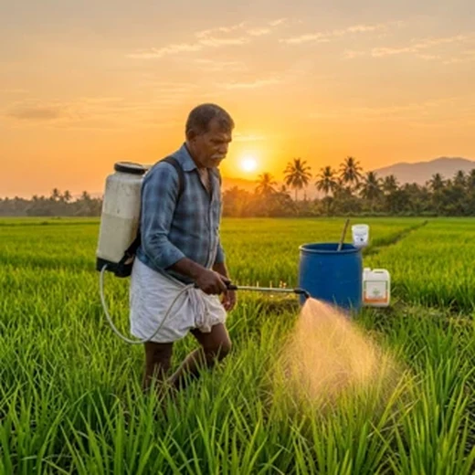 Farmer applying the solution during early morning light