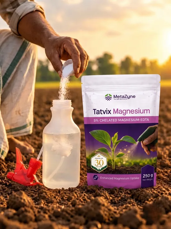 Shopkeeper handing a Tatvix Magnesium pack across the counter to a farmer
