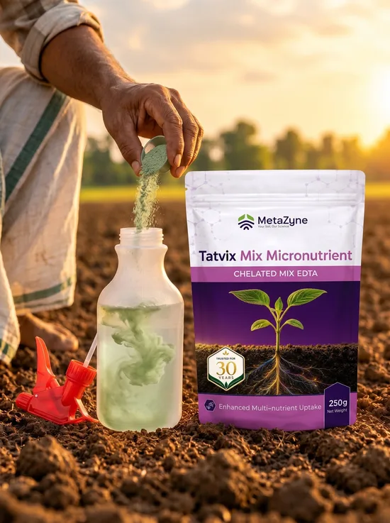Shopkeeper handing a Tatvix Mix Micronutrient pack across the counter to a farmer