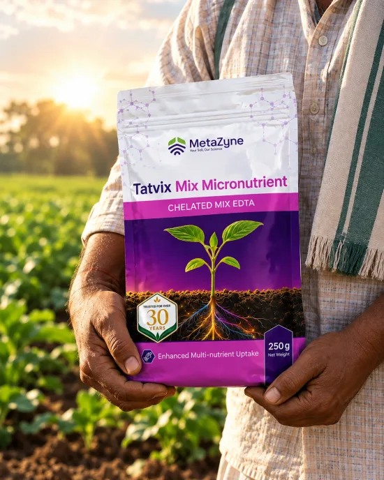 Farmer holding a Tatvix Mix Micronutrient pack in a tilled field