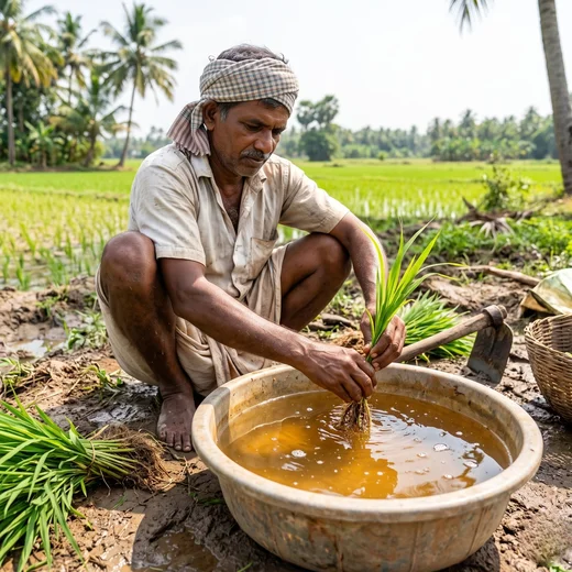 Dipping rice saplings in the Tatvix OSA solution before transplanting