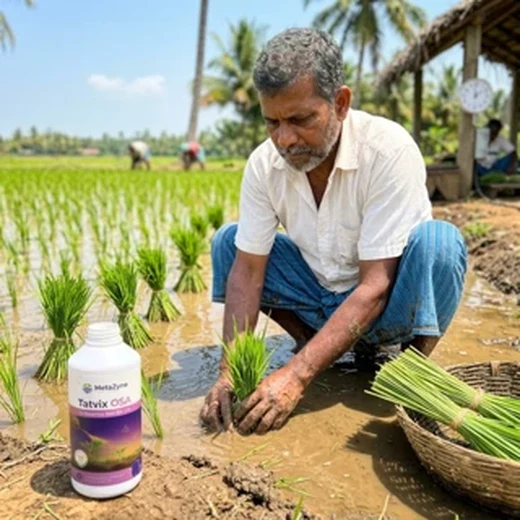 Farmer transplanting treated saplings into a flooded paddy field
