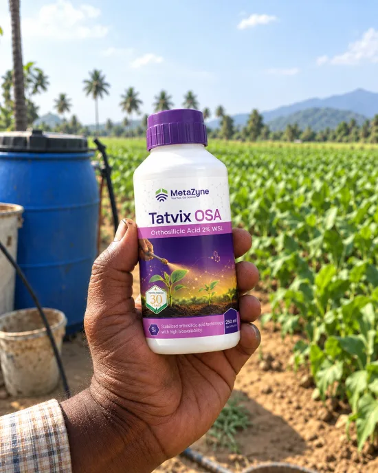 Shopkeeper handing a Tatvix OSA bottle across the counter to a farmer