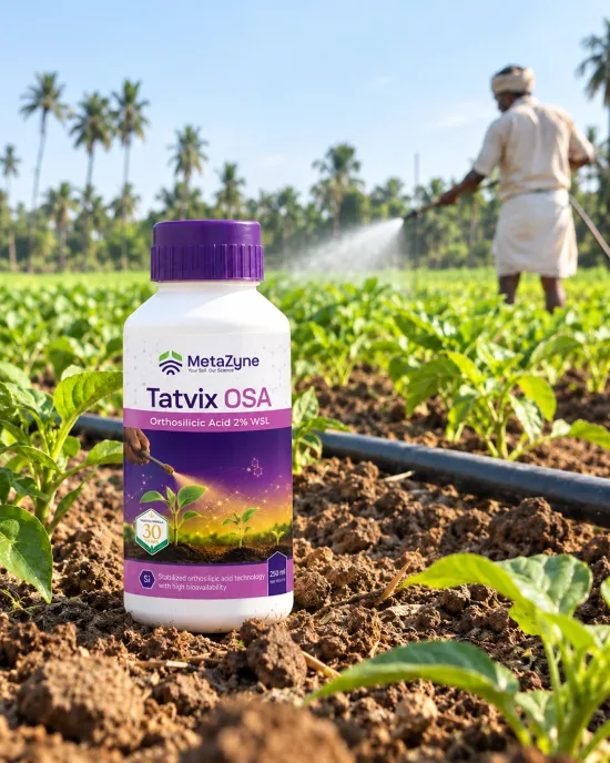 Farmer holding a Tatvix OSA bottle in a field