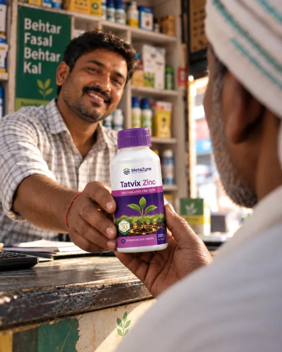 Farmer inspecting crops beside the bottle