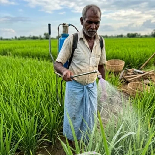 Spraying foliage beside the pack in a field