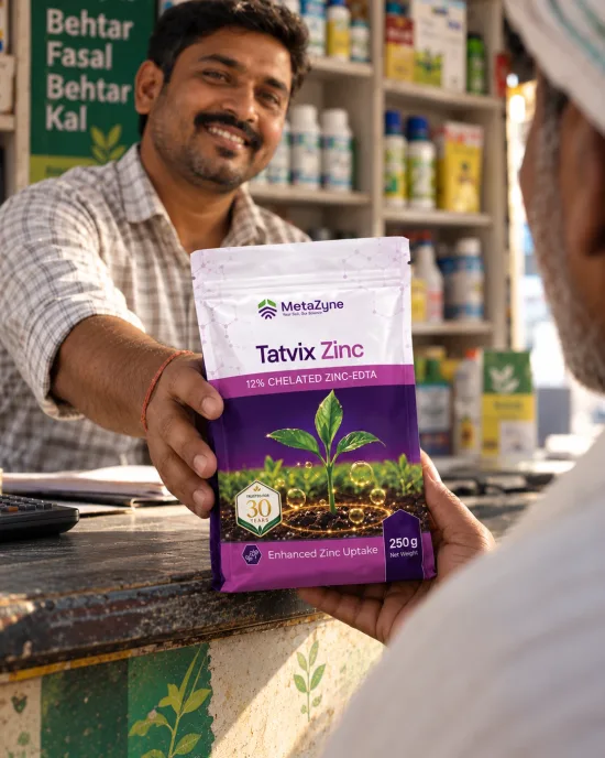 Shopkeeper handing a Tatvix Zinc pack across the counter to a farmer